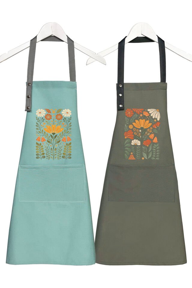 Mutfak Önlüğü Seti 2'li Leke Tutmaz Su itici Kumaş Solmaz Baskı Şef Çiçek Desenli Çift Önlük 55 x 75 - Mint - Yosun