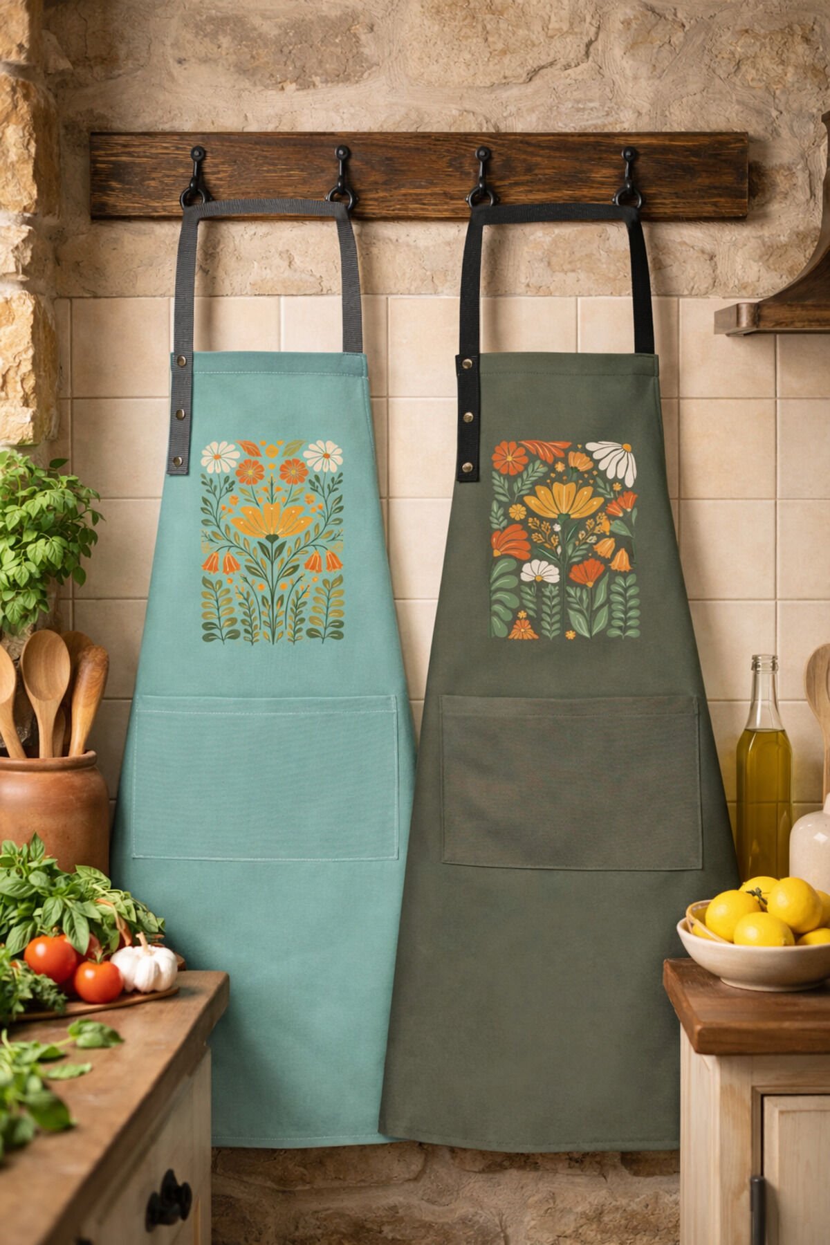 Mutfak Önlüğü Seti 2'li Leke Tutmaz Su itici Kumaş Solmaz Baskı Şef Çiçek Desenli Çift Önlük 55 x 75 - Mint - Yosun