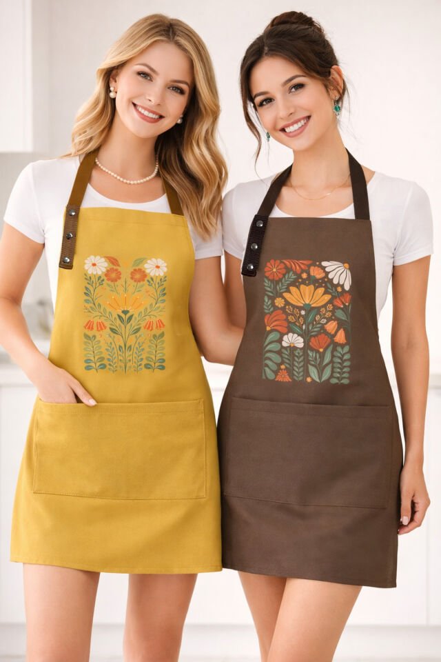 Mutfak Önlüğü Seti 2'li Leke Tutmaz Su itici Kumaş Solmaz Baskı Şef Çiçek Desenli Çift Önlük 55 x 75 - Hardal - Kahve