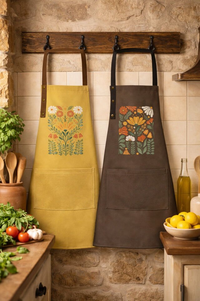 Mutfak Önlüğü Seti 2'li Leke Tutmaz Su itici Kumaş Solmaz Baskı Şef Çiçek Desenli Çift Önlük 55 x 75 - Hardal - Kahve
