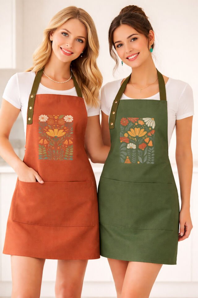 Mutfak Önlüğü Seti 2'li Leke Tutmaz Su itici Kumaş Solmaz Baskı Şef Çiçek Desenli Çift Önlük 55 x 75 - Terracotta  - Haki