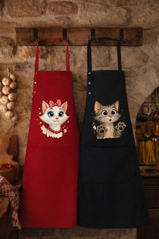 Mutfak Önlüğü Seti 2'li Leke Tutmaz Su itici Kumaş Solmaz Baskı Şef Kedicik Desenli Çift Önlük 55 x 75 - Kırmızı - Siyah