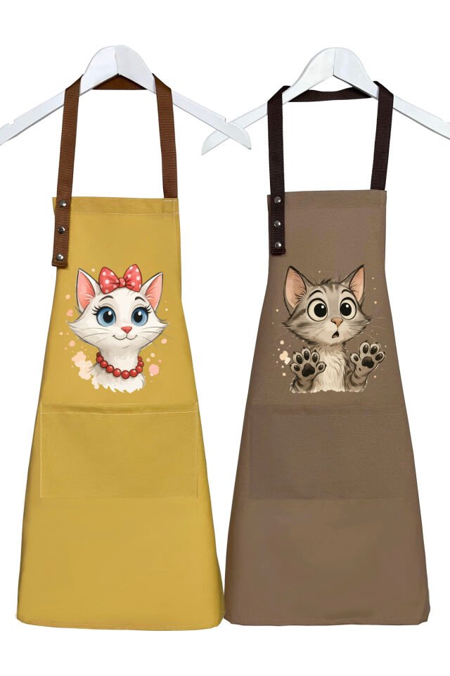 Mutfak Önlüğü Seti 2'li Leke Tutmaz Su itici Kumaş Solmaz Baskı Şef Kedicik Desenli Çift Önlük 55 x 75 - Sarı - Kahve