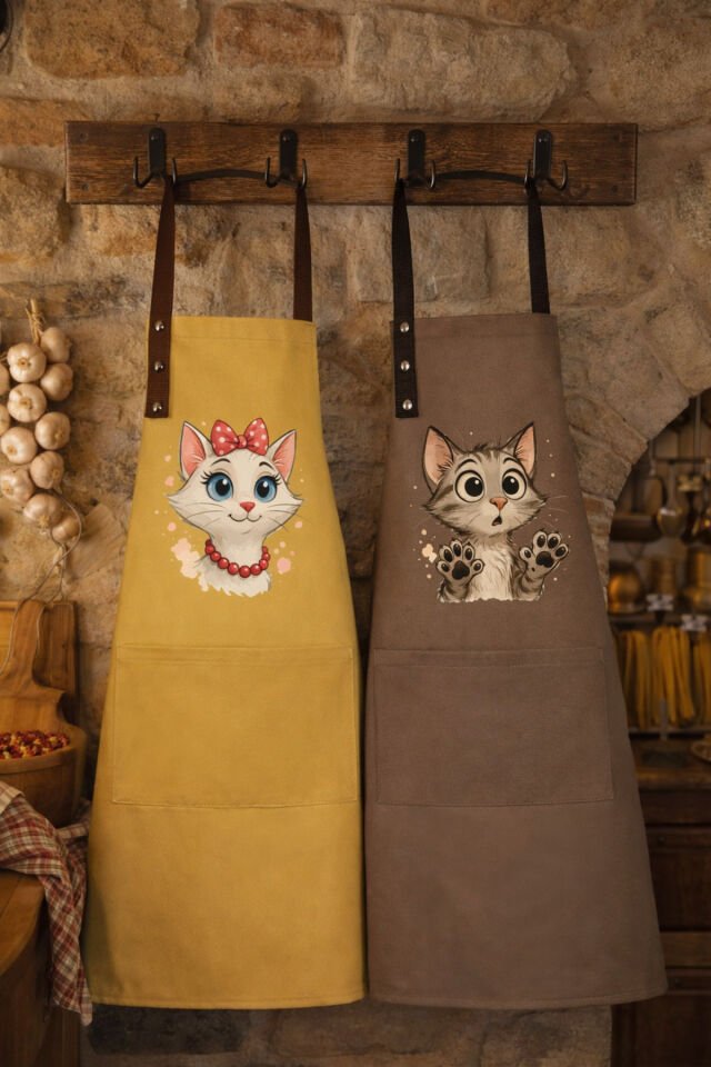 Mutfak Önlüğü Seti 2'li Leke Tutmaz Su itici Kumaş Solmaz Baskı Şef Kedicik Desenli Çift Önlük 55 x 75 - Sarı - Kahve