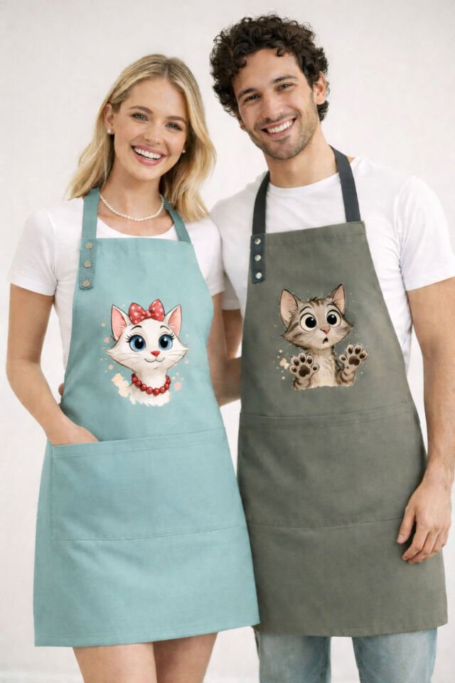 Mutfak Önlüğü Seti 2'li Leke Tutmaz Su itici Kumaş Solmaz Baskı Şef Kedicik Desenli Çift Önlük 55 x 75 - Mint - Yosun