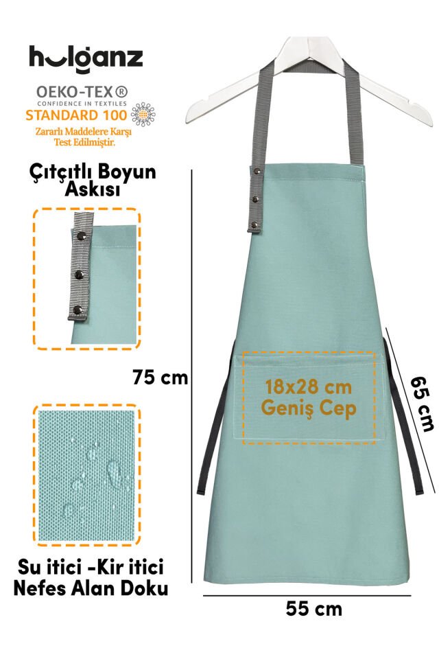 Mutfak Önlüğü Seti 2'li Leke Tutmaz Su itici Kumaş Solmaz Baskı Şef Kedicik Desenli Çift Önlük 55 x 75 - Mint - Yosun