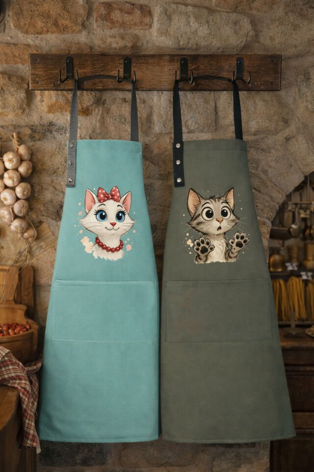 Mutfak Önlüğü Seti 2'li Leke Tutmaz Su itici Kumaş Solmaz Baskı Şef Kedicik Desenli Çift Önlük 55 x 75 - Mint - Yosun