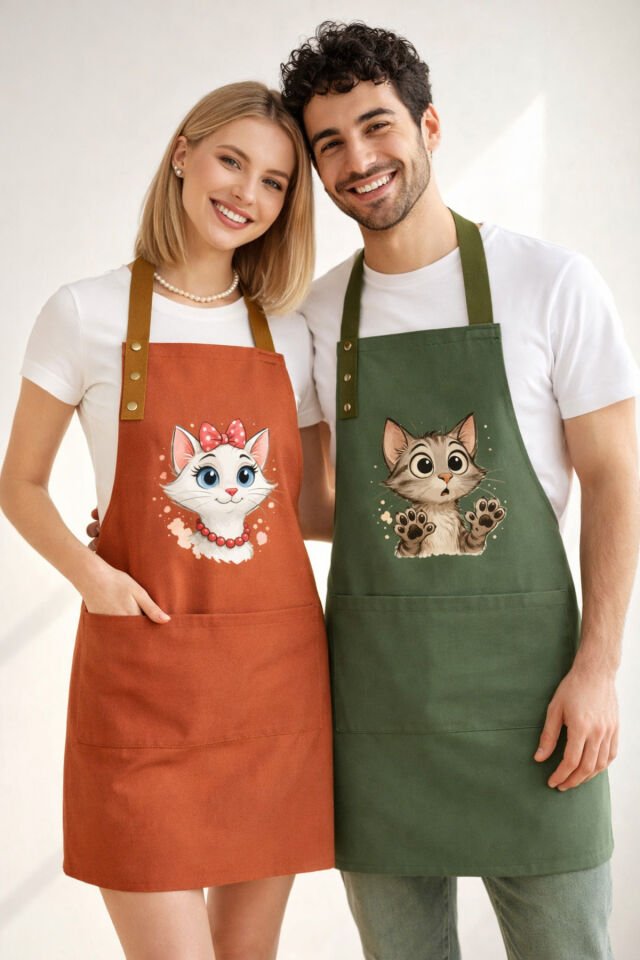 Mutfak Önlüğü Seti 2'li Leke Tutmaz Su itici Kumaş Solmaz Baskı Şef Kedicik Desenli Çift Önlük 55 x 75 - Turuncu - Haki