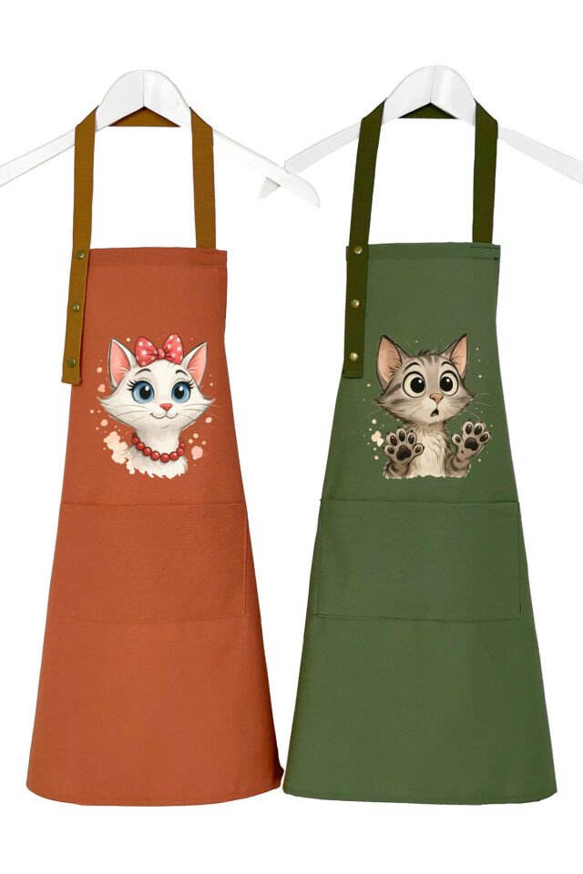 Mutfak Önlüğü Seti 2'li Leke Tutmaz Su itici Kumaş Solmaz Baskı Şef Kedicik Desenli Çift Önlük 55 x 75 - Turuncu - Haki