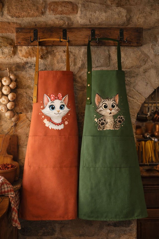 Mutfak Önlüğü Seti 2'li Leke Tutmaz Su itici Kumaş Solmaz Baskı Şef Kedicik Desenli Çift Önlük 55 x 75 - Turuncu - Haki