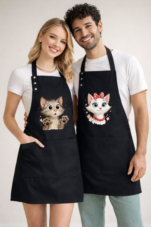 Mutfak Önlüğü Seti 2'li Leke Tutmaz Su itici Kumaş Solmaz Baskı Şef Kedicik Desenli Çift Önlük 55 x 75 - Siyah - Siyah
