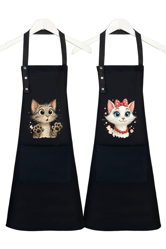 Mutfak Önlüğü Seti 2'li Leke Tutmaz Su itici Kumaş Solmaz Baskı Şef Kedicik Desenli Çift Önlük 55 x 75 - Siyah - Siyah