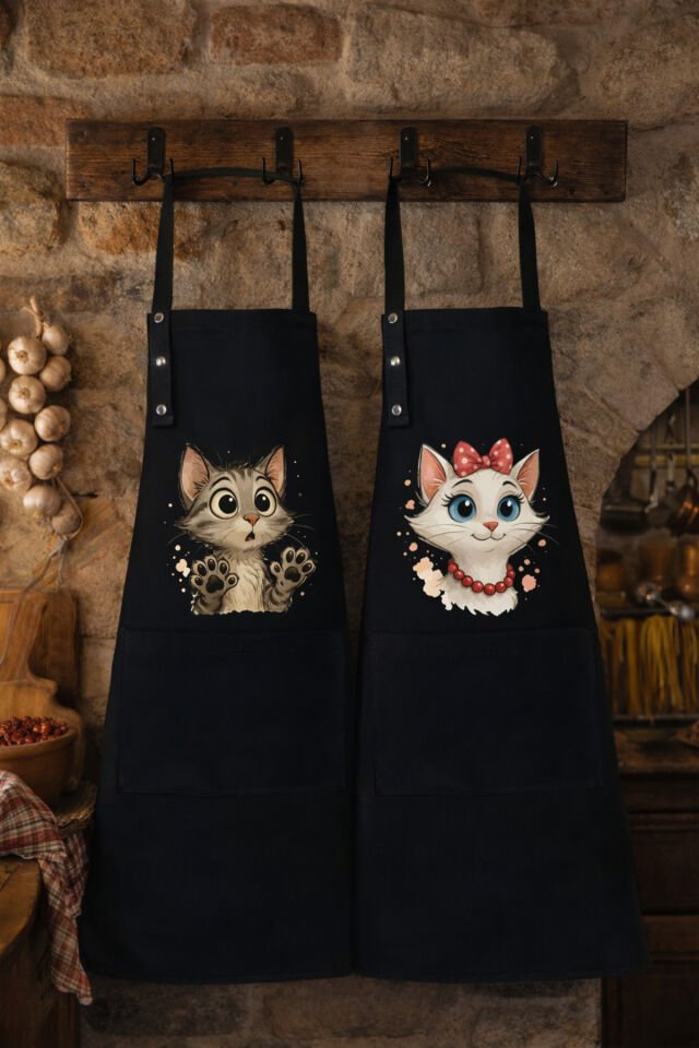 Mutfak Önlüğü Seti 2'li Leke Tutmaz Su itici Kumaş Solmaz Baskı Şef Kedicik Desenli Çift Önlük 55 x 75 - Siyah - Siyah