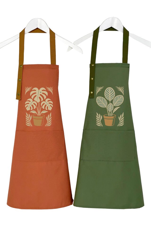 Mutfak Önlüğü Seti 2'li Leke Tutmaz Su itici Kumaş Solmaz Baskı Monstera Calathea Bitkileri Önlük 55 x 75 - Haki - Turuncu