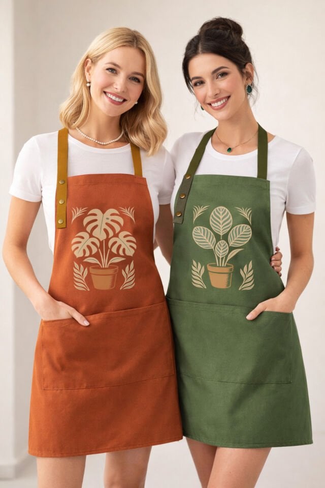 Mutfak Önlüğü Seti 2'li Leke Tutmaz Su itici Kumaş Solmaz Baskı Monstera Calathea Bitkileri Önlük 55 x 75 - Haki - Turuncu