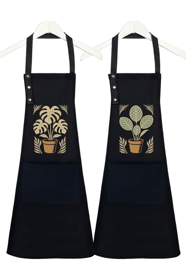 Mutfak Önlüğü Seti 2'li Leke Tutmaz Su itici Kumaş Solmaz Baskı Monstera Calathea Bitkileri Önlük 55 x 75 - Siyah - Siyah