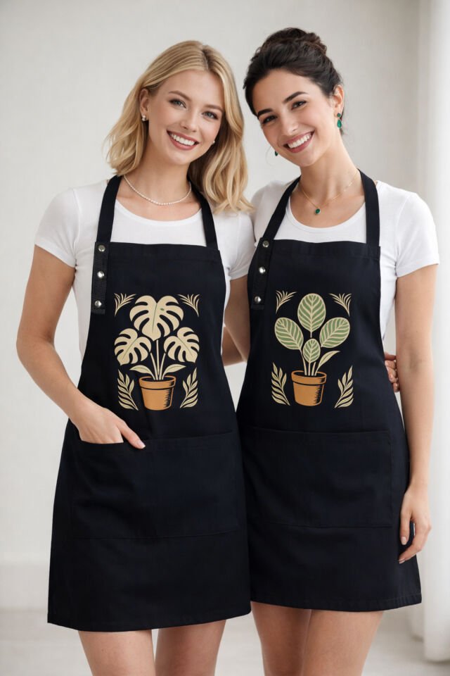 Mutfak Önlüğü Seti 2'li Leke Tutmaz Su itici Kumaş Solmaz Baskı Monstera Calathea Bitkileri Önlük 55 x 75 - Siyah - Siyah