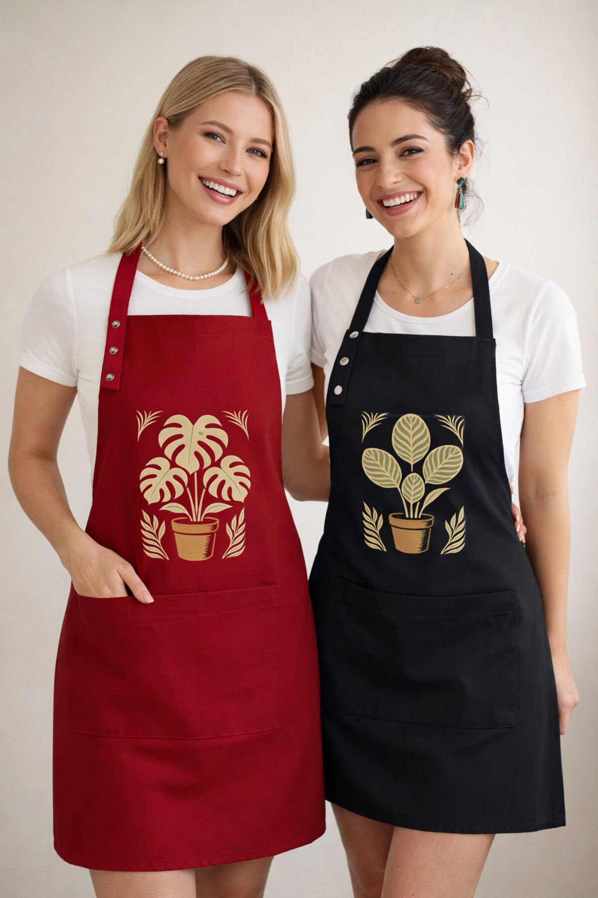 Mutfak Önlüğü Seti 2'li Leke Tutmaz Su itici Kumaş Solmaz Baskı Monstera Calathea Bitkileri Önlük 55 x 75 - Kırmızı - Siyah