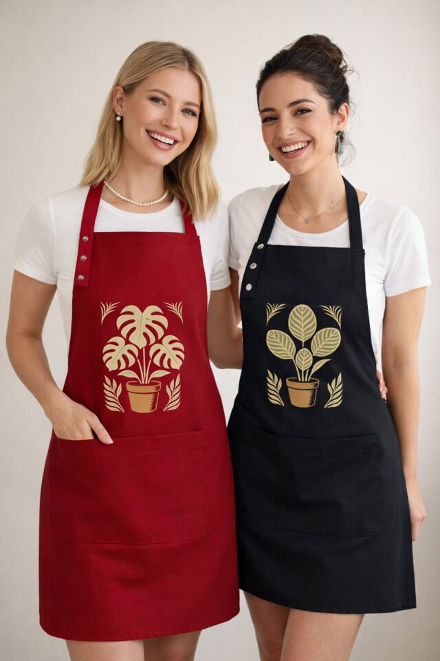 Mutfak Önlüğü Seti 2'li Leke Tutmaz Su itici Kumaş Solmaz Baskı Monstera Calathea Bitkileri Önlük 55 x 75 - Kırmızı - Siyah