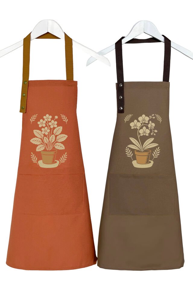 Mutfak Önlüğü Seti 2'li Leke Tutmaz Su itici Kumaş Solmaz Baskı Orkide Menekşe Çiçekli Önlük 55 x 75 - Kahve - Turuncu