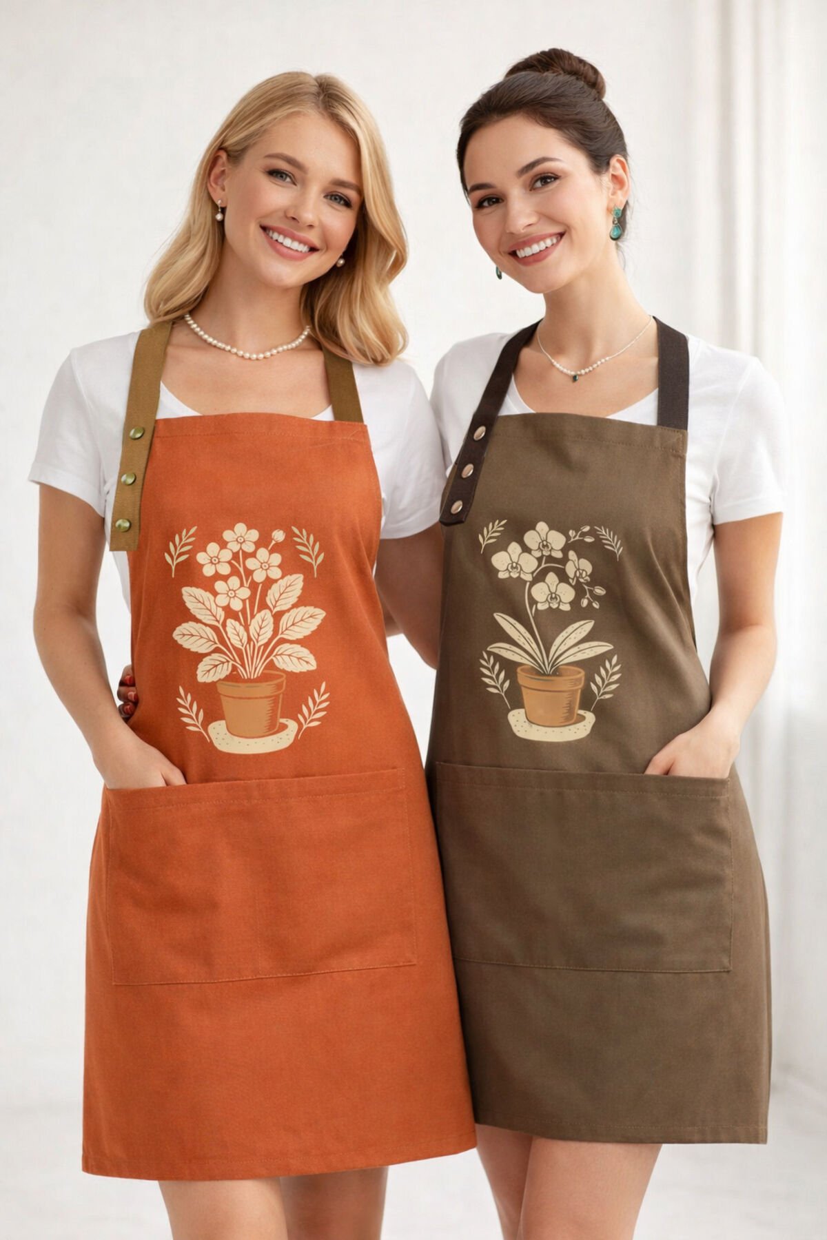 Mutfak Önlüğü Seti 2'li Leke Tutmaz Su itici Kumaş Solmaz Baskı Orkide Menekşe Çiçekli Önlük 55 x 75 - Kahve - Turuncu