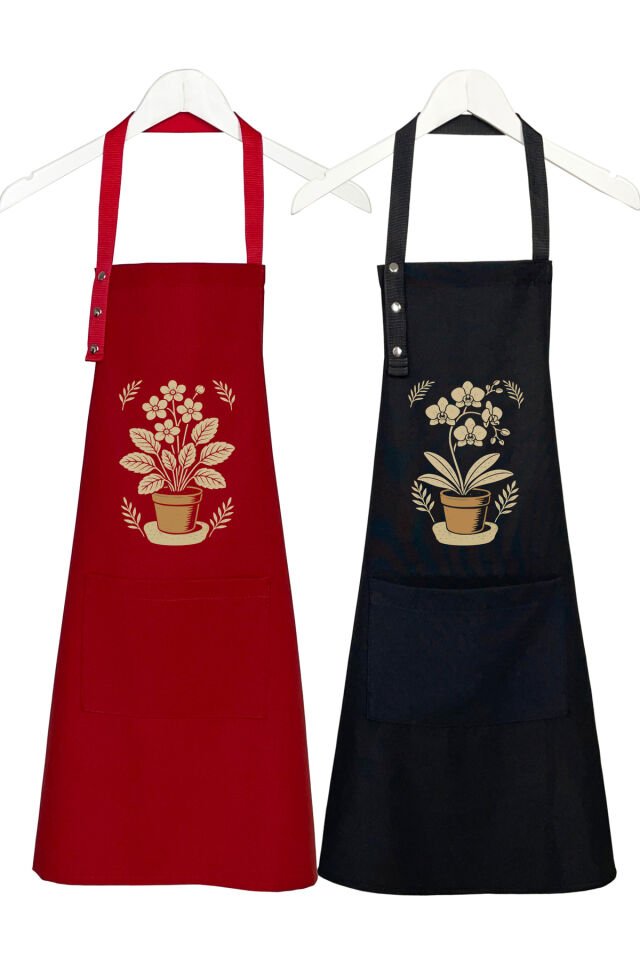 Mutfak Önlüğü Seti 2'li Leke Tutmaz Su itici Kumaş Solmaz Baskı Orkide Menekşe Çiçekli Önlük 55 x 75 - Kırmızı - Siyah