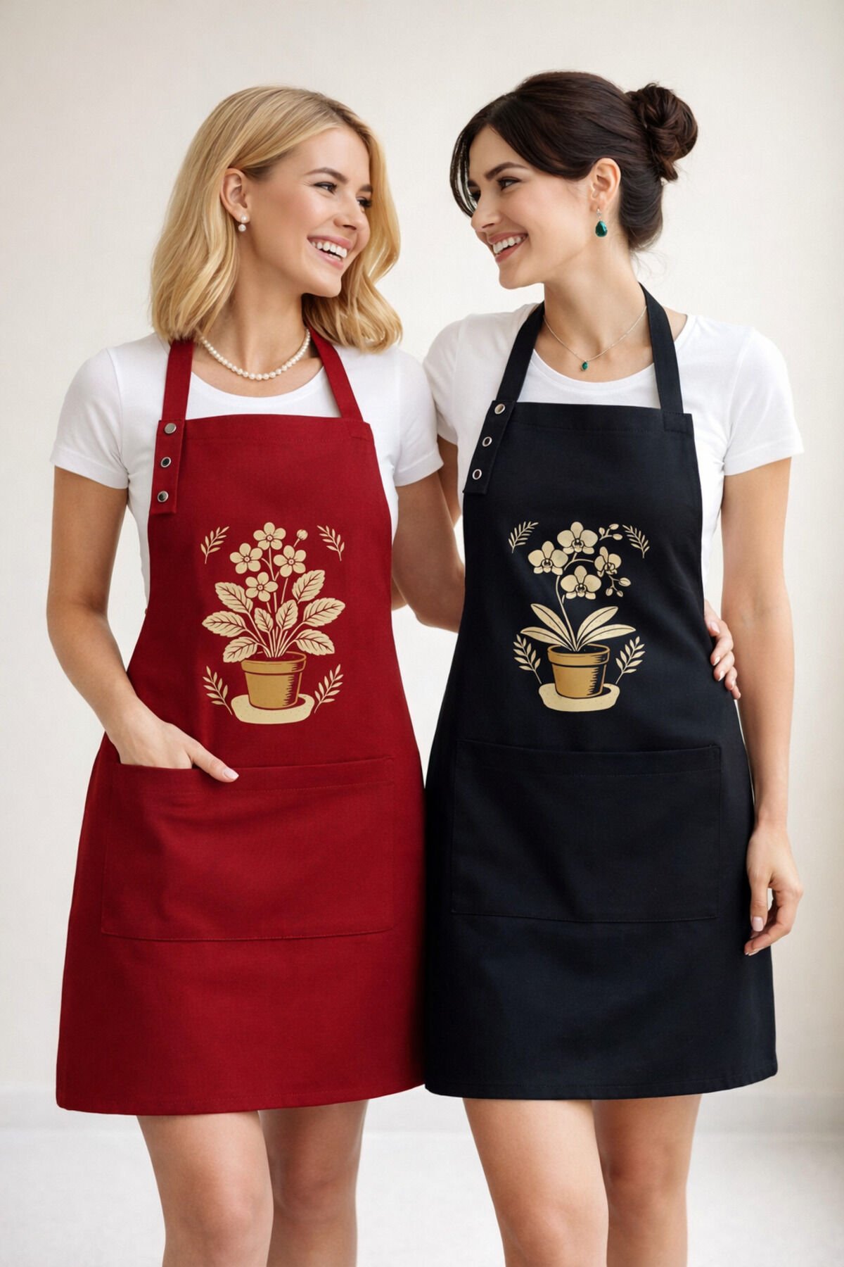 Mutfak Önlüğü Seti 2'li Leke Tutmaz Su itici Kumaş Solmaz Baskı Orkide Menekşe Çiçekli Önlük 55 x 75 - Kırmızı - Siyah