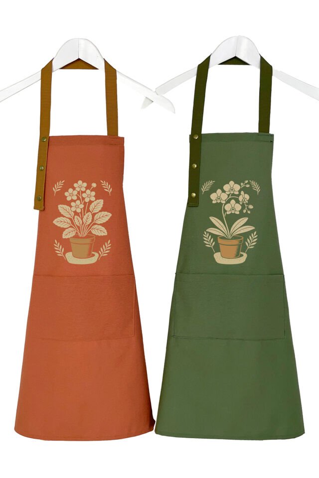Mutfak Önlüğü Seti 2'li Leke Tutmaz Su itici Kumaş Solmaz Baskı Orkide Menekşe Çiçekli Önlük 55 x 75 - Haki - Turuncu