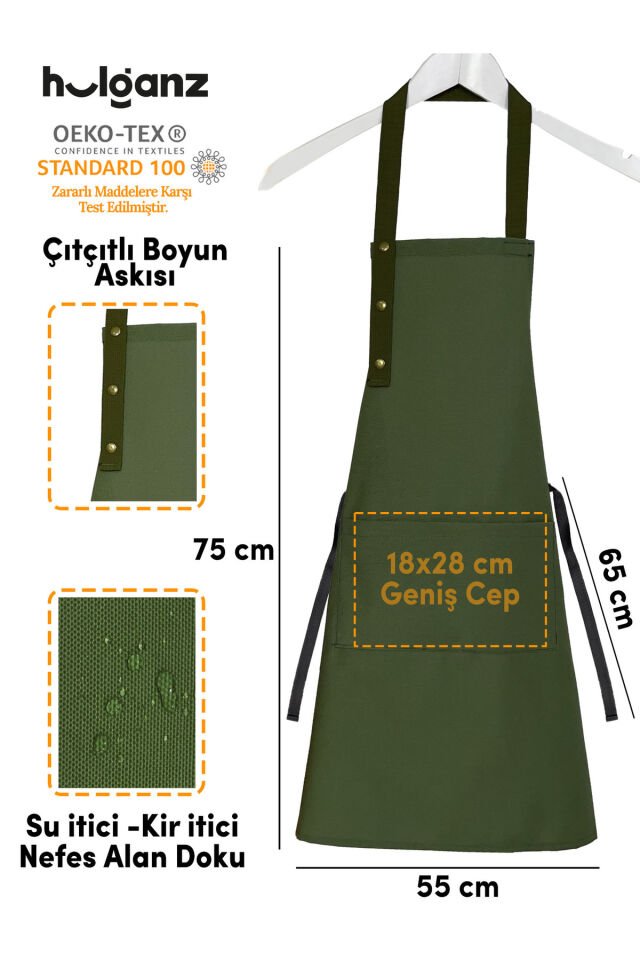 Mutfak Önlüğü Seti 2'li Leke Tutmaz Su itici Kumaş Solmaz Baskı Orkide Menekşe Çiçekli Önlük 55 x 75 - Haki - Turuncu