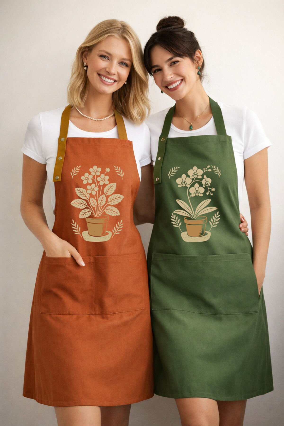 Mutfak Önlüğü Seti 2'li Leke Tutmaz Su itici Kumaş Solmaz Baskı Orkide Menekşe Çiçekli Önlük 55 x 75 - Haki - Turuncu