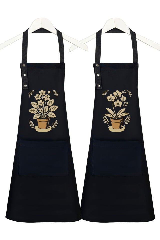 Mutfak Önlüğü Seti 2'li Leke Tutmaz Su itici Kumaş Solmaz Baskı Orkide Menekşe Çiçekli Önlük 55 x 75 - Siyah - Siyah