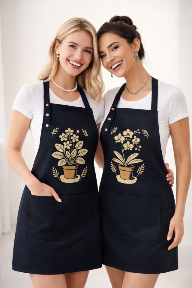 Mutfak Önlüğü Seti 2'li Leke Tutmaz Su itici Kumaş Solmaz Baskı Orkide Menekşe Çiçekli Önlük 55 x 75 - Siyah - Siyah