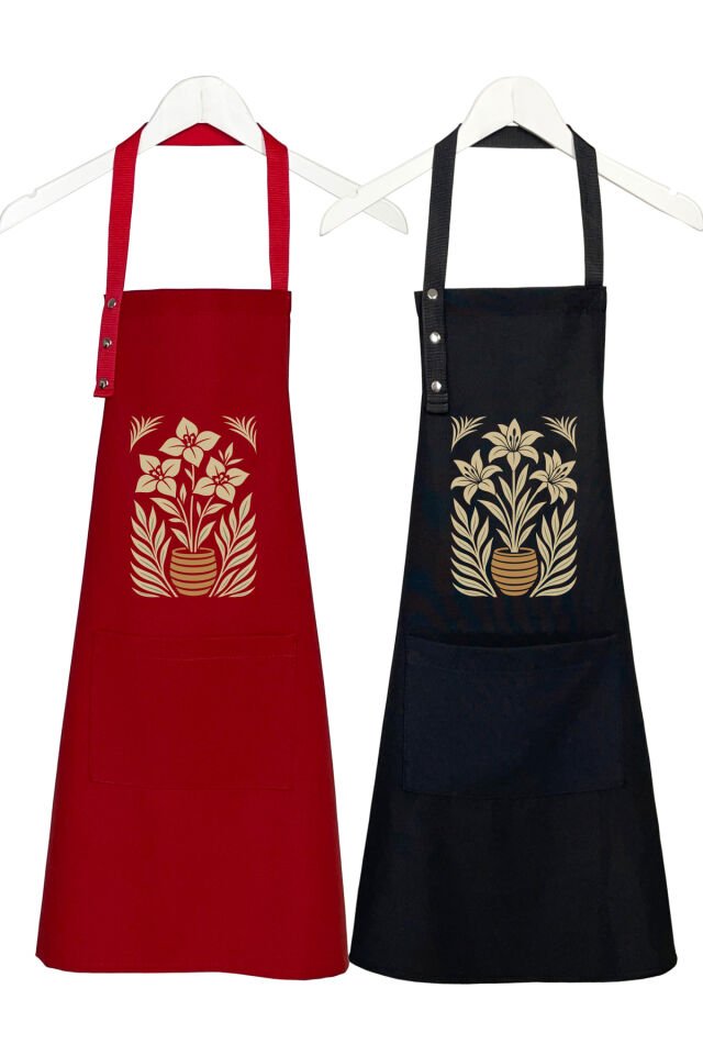 Mutfak Önlüğü Seti 2'li Leke Tutmaz Su itici Kumaş Solmaz Baskı Lilyum Begonvil Çiçek Desenli Önlük 55 x 75 - Kırmızı-Siyah
