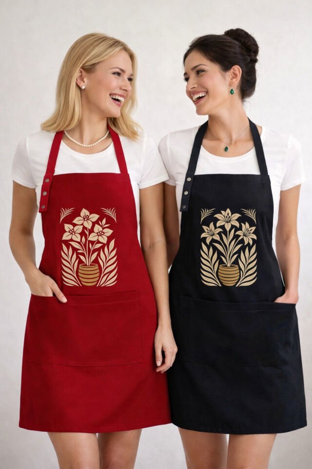 Mutfak Önlüğü Seti 2'li Leke Tutmaz Su itici Kumaş Solmaz Baskı Lilyum Begonvil Çiçek Desenli Önlük 55 x 75 - Kırmızı-Siyah