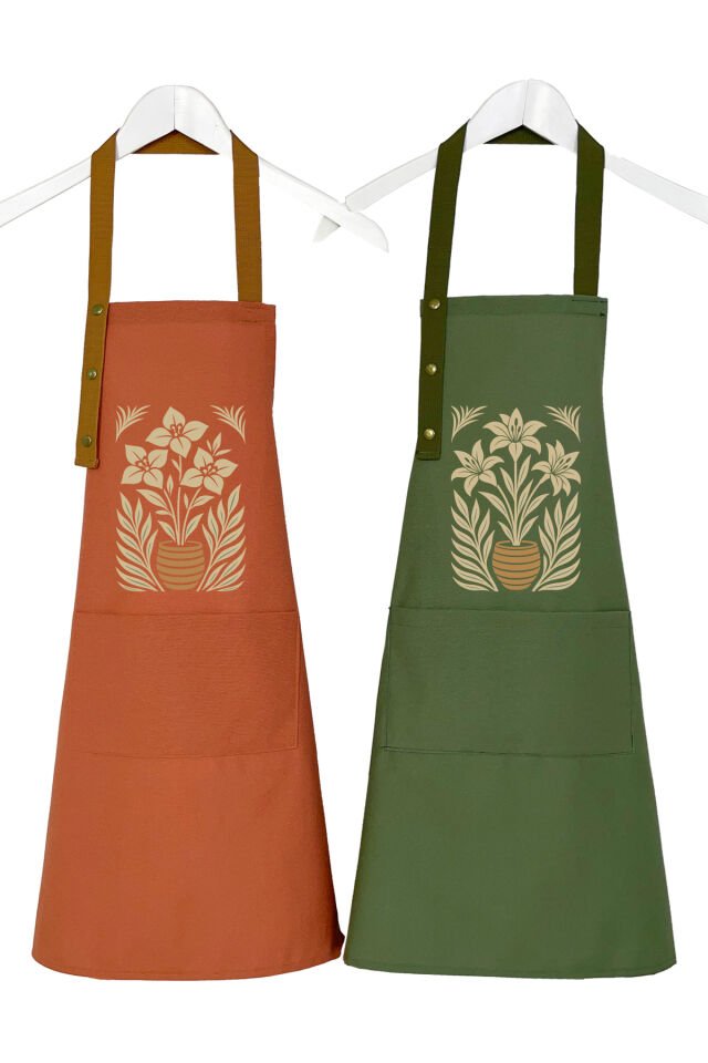 Mutfak Önlüğü Seti 2'li Leke Tutmaz Su itici Kumaş Solmaz Baskı Lilyum Begonvil Çiçek Desenli Önlük 55 x 75 - Turuncu-Haki