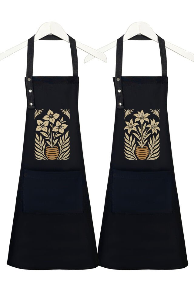 Mutfak Önlüğü Seti 2'li Leke Tutmaz Su itici Kumaş Solmaz Baskı Lilyum Begonvil Çiçek Desenli Önlük 55 x 75 - Siyah-Siyah