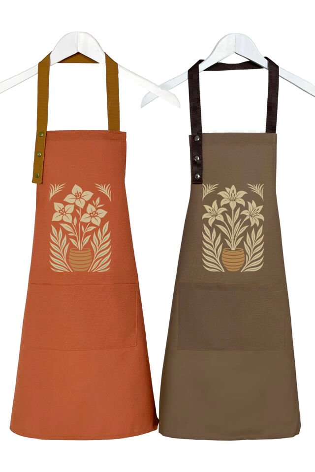 Mutfak Önlüğü Seti 2'li Leke Tutmaz Su itici Kumaş Solmaz Baskı Lilyum Begonvil Çiçek Desenli Önlük 55 x 75 - Kahve-Turuncu