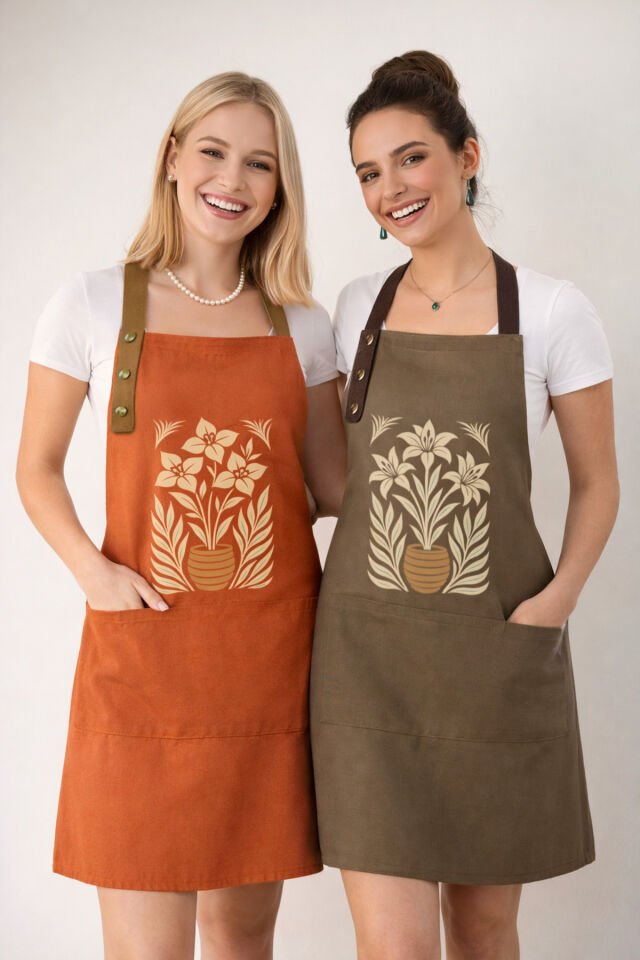 Mutfak Önlüğü Seti 2'li Leke Tutmaz Su itici Kumaş Solmaz Baskı Lilyum Begonvil Çiçek Desenli Önlük 55 x 75 - Kahve-Turuncu