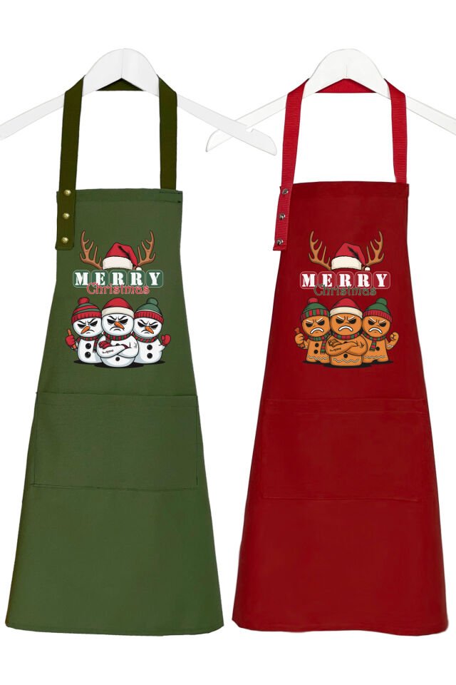 Yılbaşı Temalı Mutfak Önlüğü Seti 2'li Leke Tutmaz Su itici Cepli Çıtçıtlı Kumaş 2026 Yeni Yıl Önlük 55 x 75 - KardanAdam-Zencefilli