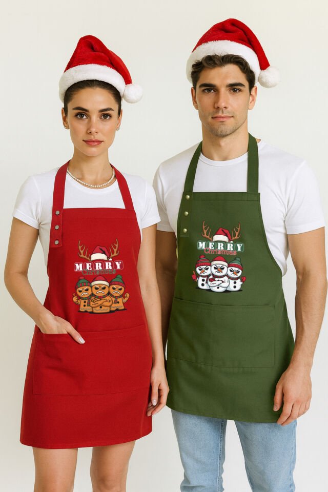 Yılbaşı Temalı Mutfak Önlüğü Seti 2'li Leke Tutmaz Su itici Cepli Çıtçıtlı Kumaş 2026 Yeni Yıl Önlük 55 x 75 - KardanAdam-Zencefilli