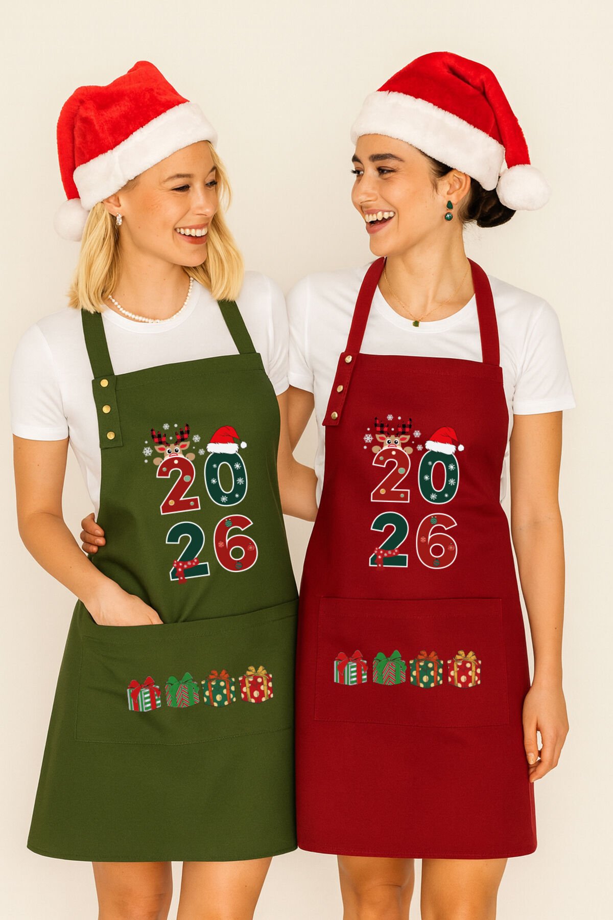 Yılbaşı Temalı Mutfak Önlüğü Seti 2'li Leke Tutmaz Su itici Cepli Çıtçıtlı Kumaş 2026 Yeni Yıl Önlük 55 x 75 - Hoşgeldin 2026