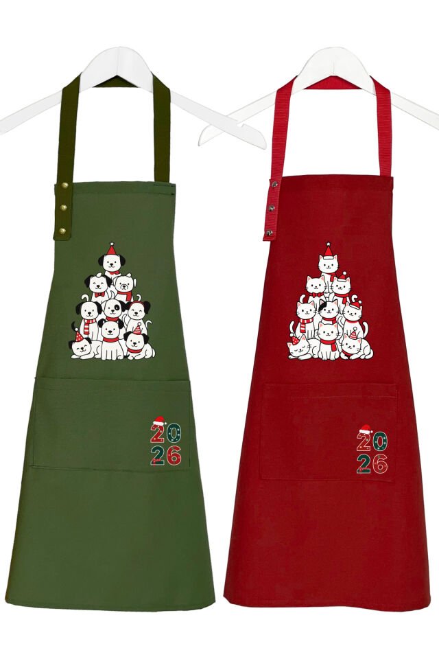 Yılbaşı Temalı Mutfak Önlüğü Seti 2'li Leke Tutmaz Su itici Cepli Çıtçıtlı Kumaş 2026 Yeni Yıl Önlük 55 x 75 - Cats - Dogs