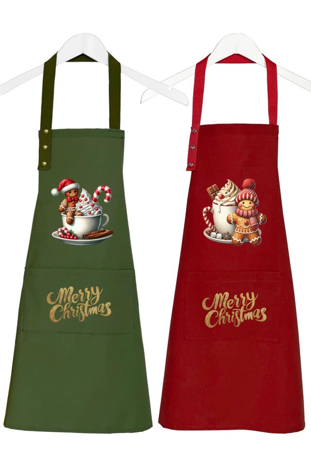 Yılbaşı Temalı Mutfak Önlüğü Seti 2'li Leke Tutmaz Su itici Cepli Çıtçıtlı Kumaş 2026 Yeni Yıl Önlük 55 x 75 - Zencefilli Kurabiye