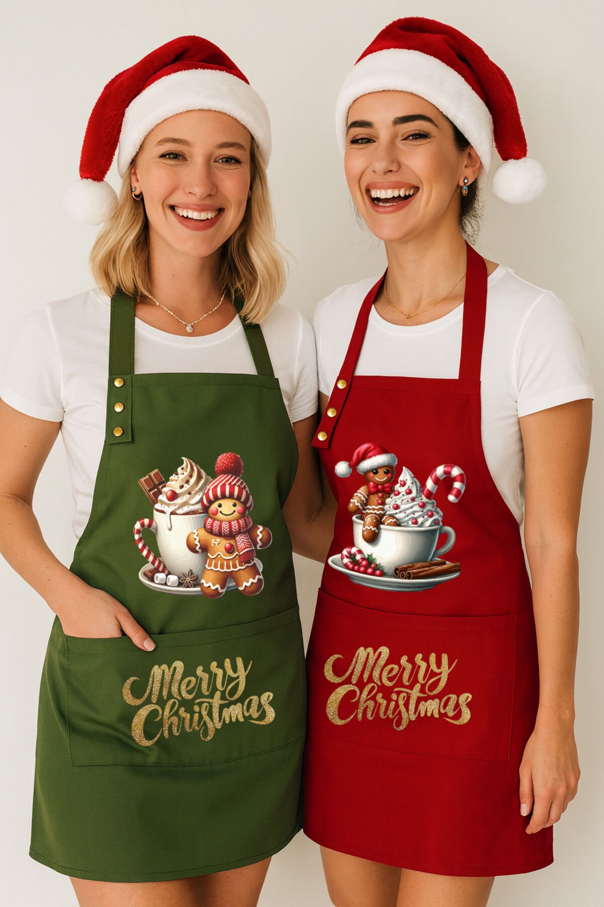 Yılbaşı Temalı Mutfak Önlüğü Seti 2'li Leke Tutmaz Su itici Cepli Çıtçıtlı Kumaş 2026 Yeni Yıl Önlük 55 x 75 - Zencefilli Kurabiye