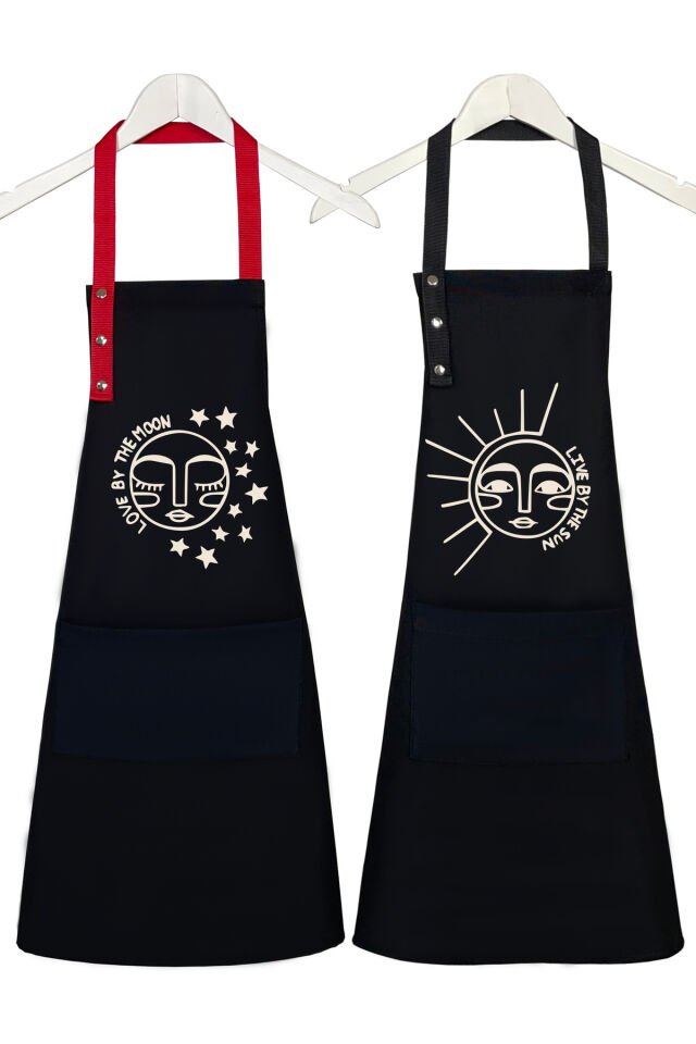 Mutfak Önlüğü Seti 2'li Siyah Kırmızı Leke Tutmaz Su Itici Kumaş Solmaz Baskı Çeyiz Ay Güneş Önlük 60 x 75 - Siyah - Siyah