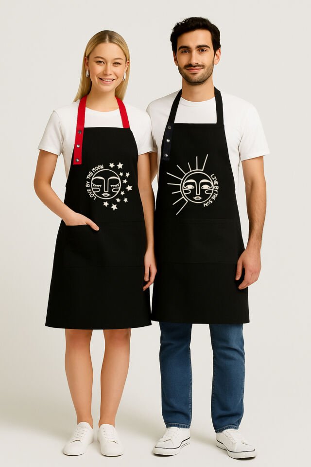 Mutfak Önlüğü Seti 2'li Siyah Kırmızı Leke Tutmaz Su Itici Kumaş Solmaz Baskı Çeyiz Ay Güneş Önlük 60 x 75 - Siyah - Siyah