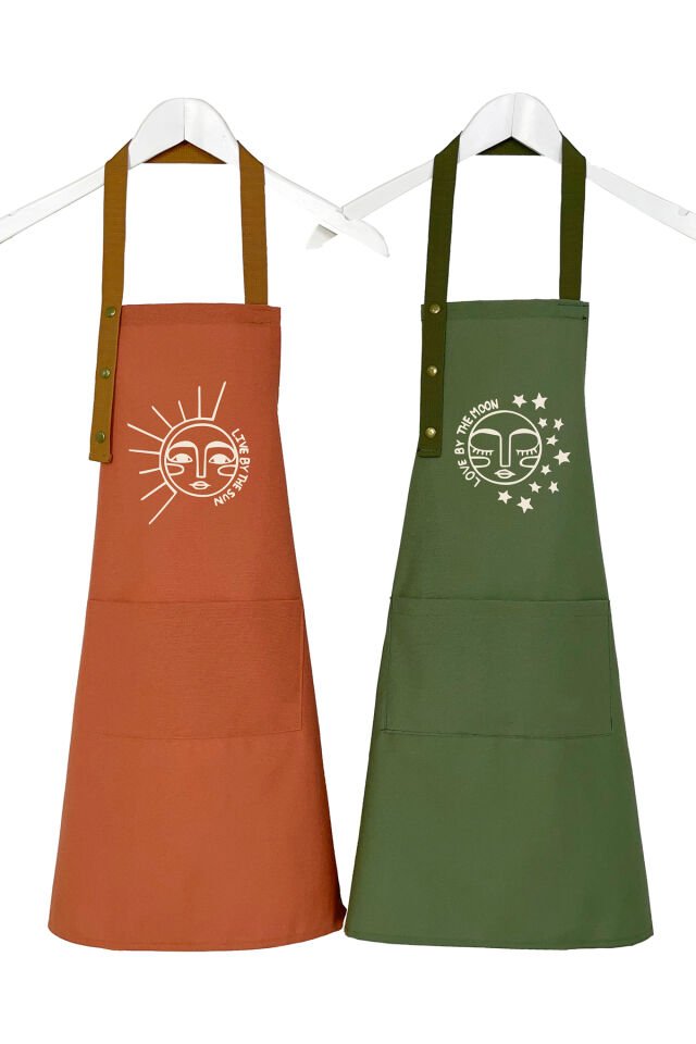 Mutfak Önlüğü Seti 2'li Siyah Kırmızı Leke Tutmaz Su Itici Kumaş Solmaz Baskı Çeyiz Ay Güneş Önlük 60 x 75 - Haki - Turuncu