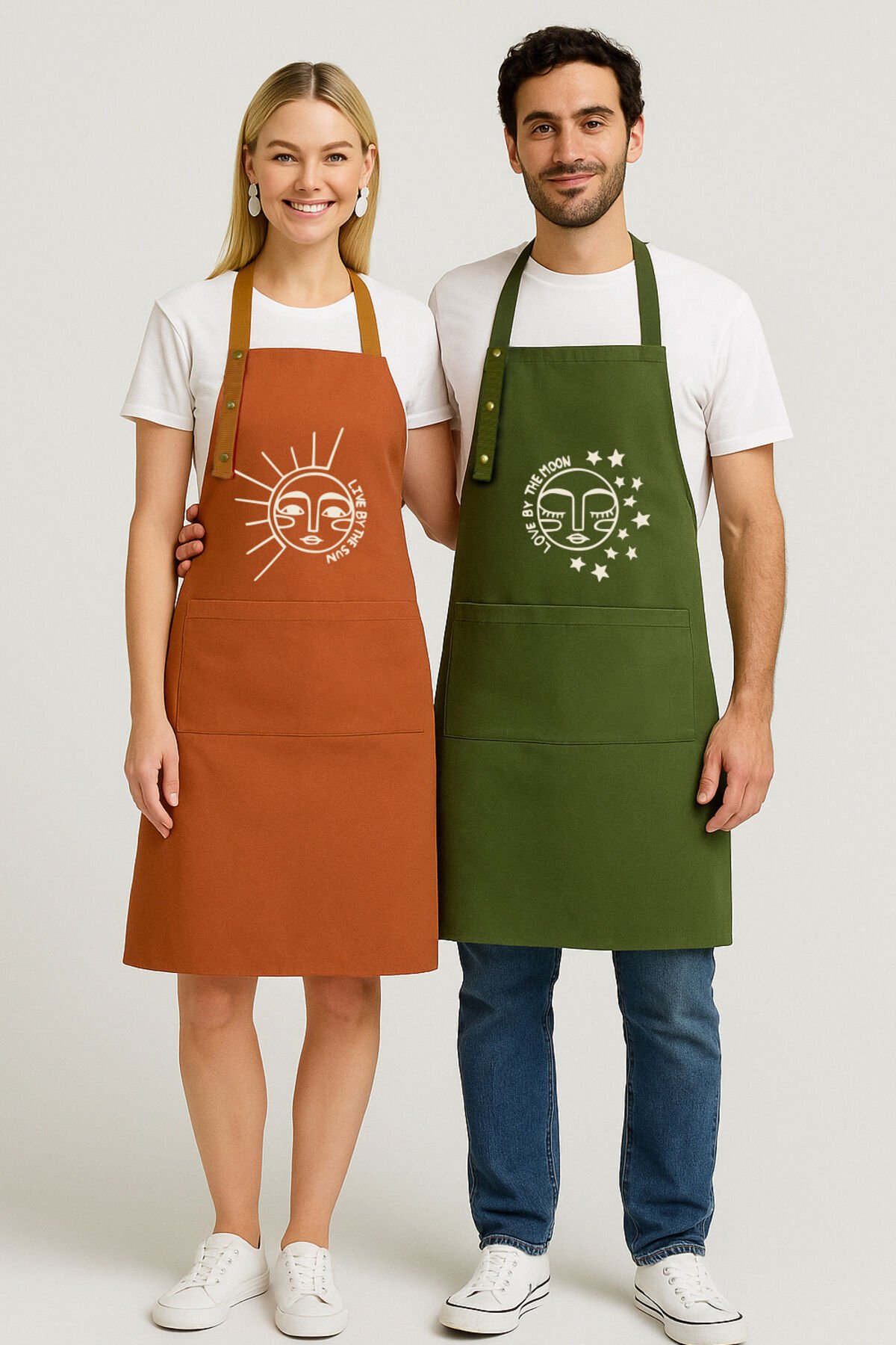 Mutfak Önlüğü Seti 2'li Siyah Kırmızı Leke Tutmaz Su Itici Kumaş Solmaz Baskı Çeyiz Ay Güneş Önlük 60 x 75 - Haki - Turuncu