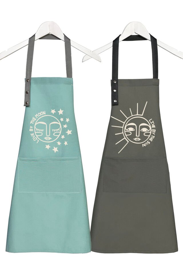 Mutfak Önlüğü Seti 2'li Siyah Kırmızı Leke Tutmaz Su Itici Kumaş Solmaz Baskı Çeyiz Ay Güneş Önlük 60 x 75 - Mint - Yosun