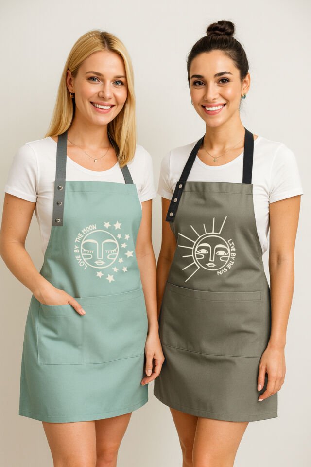 Mutfak Önlüğü Seti 2'li Siyah Kırmızı Leke Tutmaz Su Itici Kumaş Solmaz Baskı Çeyiz Ay Güneş Önlük 60 x 75 - Mint - Yosun